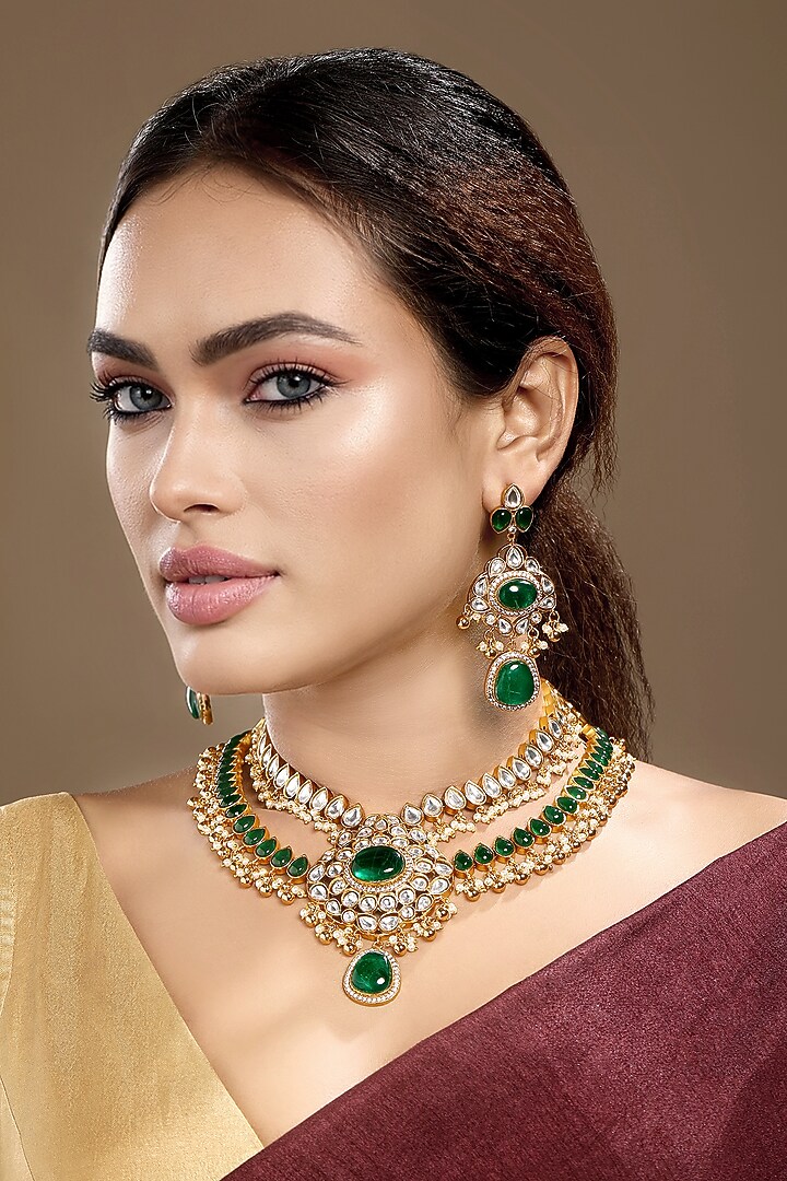 Gold Finish Moissanite Kundan Polki & Emerald Necklace Set by Hrisha Jewels at Pernia's Pop Up Shop