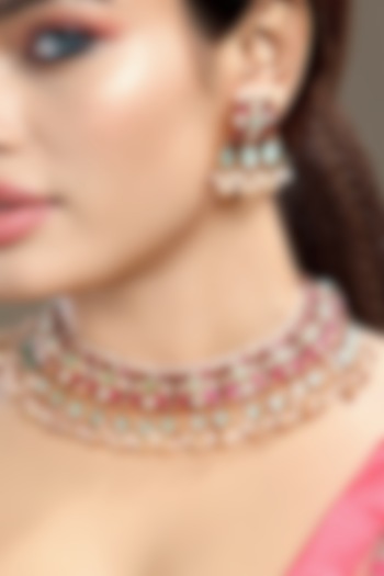 Gold Finish Moissanite Kundan Polki & Ruby Necklace Set by Hrisha Jewels at Pernia's Pop Up Shop