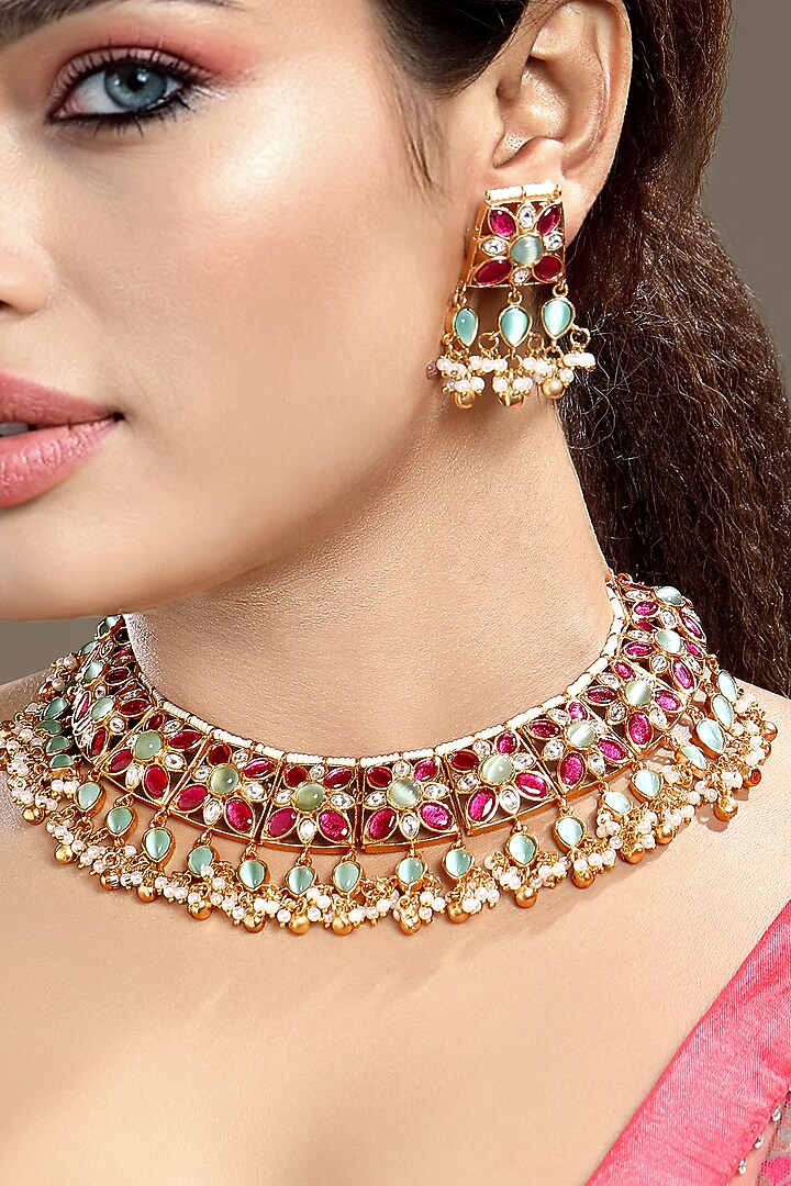 Gold Finish Moissanite Kundan Polki & Ruby Necklace Set by Hrisha Jewels at Pernia's Pop Up Shop