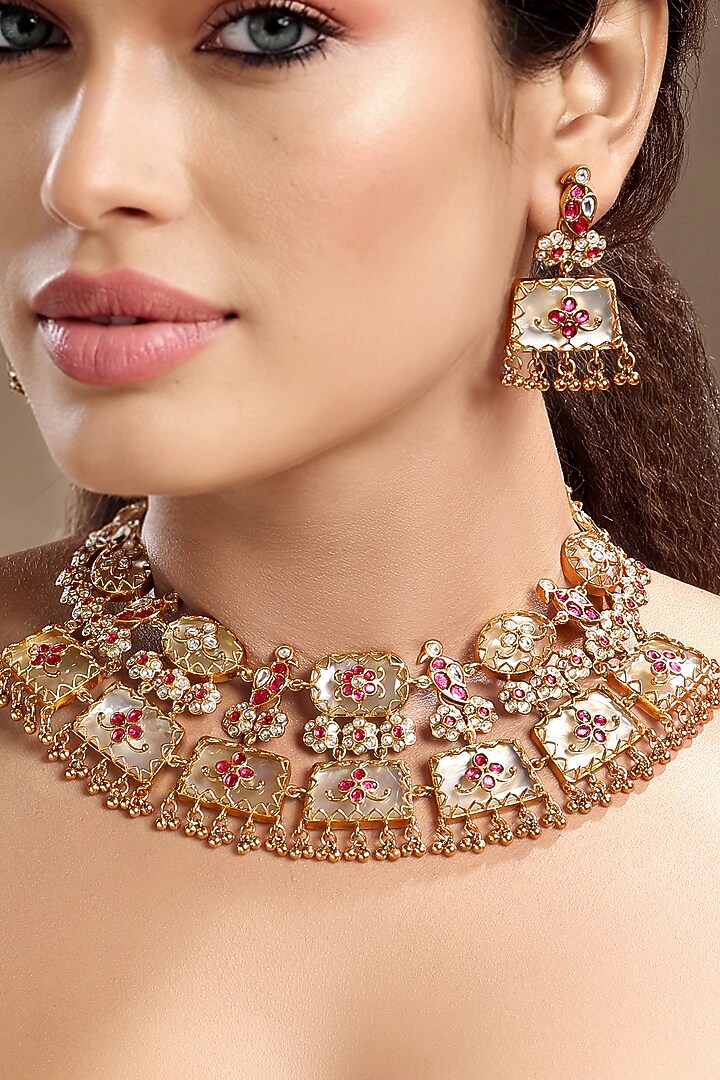 Gold Finish Moissanite Kundan Polki & Ruby Necklace Set by Hrisha Jewels at Pernia's Pop Up Shop