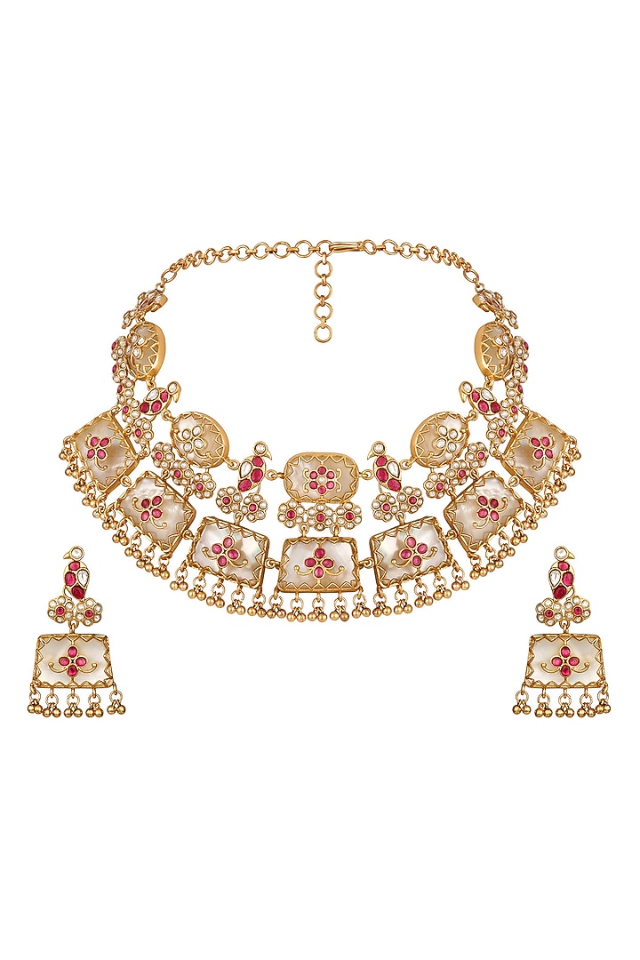 Gold Finish Moissanite Kundan Polki & Ruby Necklace Set by Hrisha Jewels at Pernia's Pop Up Shop
