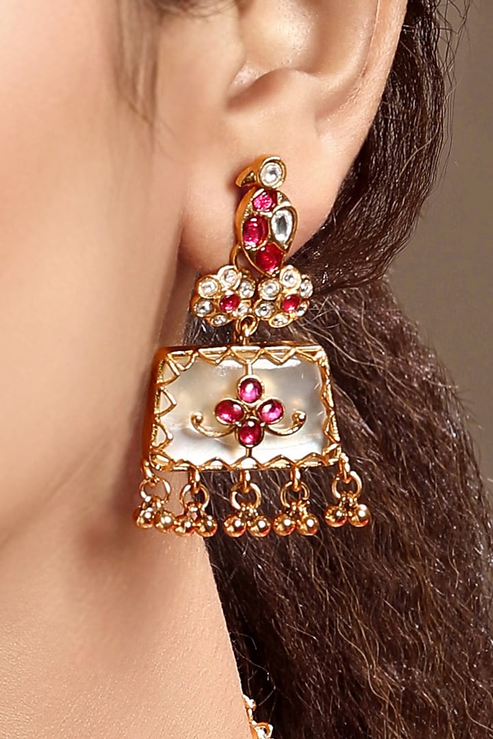Gold Finish Moissanite Kundan Polki & Ruby Necklace Set by Hrisha Jewels at Pernia's Pop Up Shop