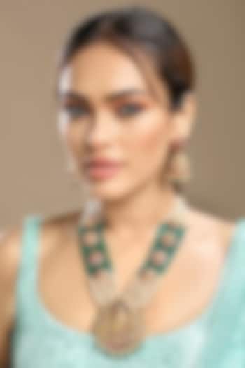 Gold Finish Synthetic Emerald & Pearl Necklace Set by Hrisha Jewels at Pernia's Pop Up Shop
