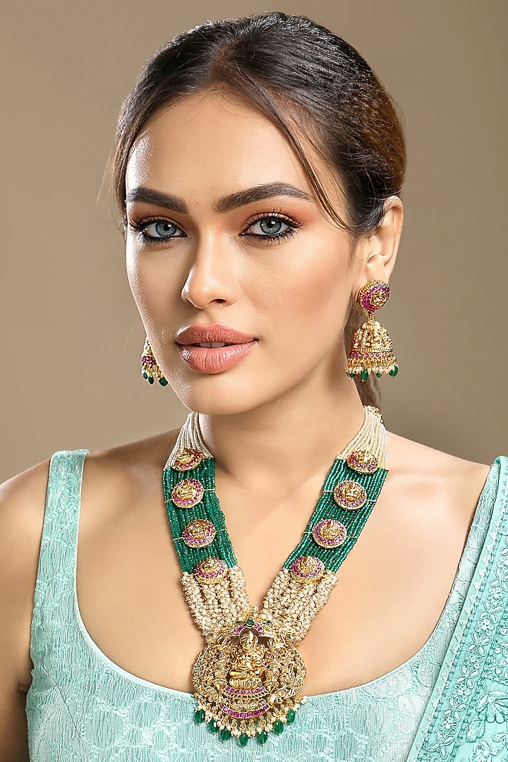 Gold Finish Synthetic Emerald & Pearl Necklace Set by Hrisha Jewels at Pernia's Pop Up Shop