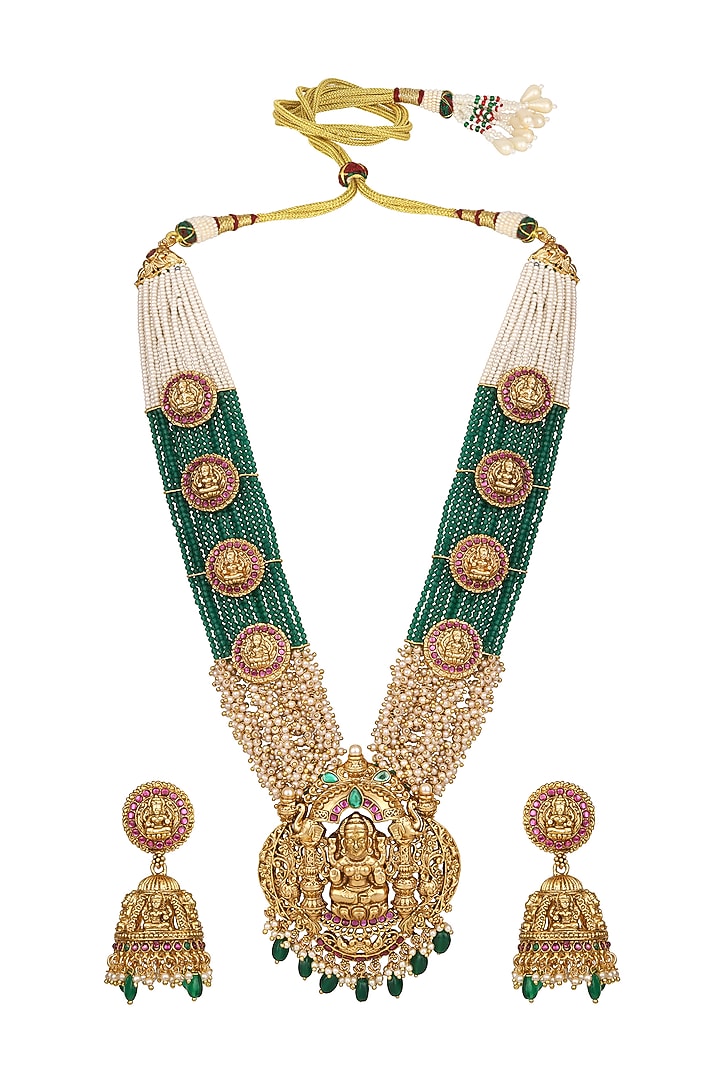 Gold Finish Synthetic Emerald & Pearl Necklace Set by Hrisha Jewels at Pernia's Pop Up Shop