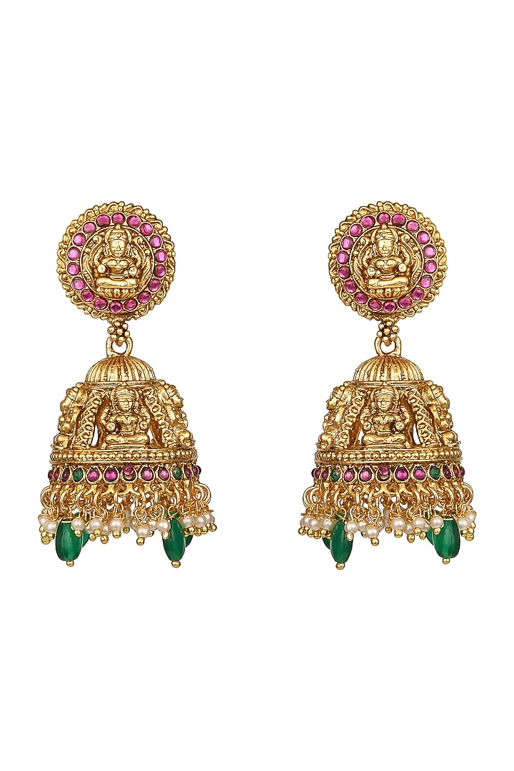 Gold Finish Synthetic Emerald & Pearl Necklace Set by Hrisha Jewels at Pernia's Pop Up Shop