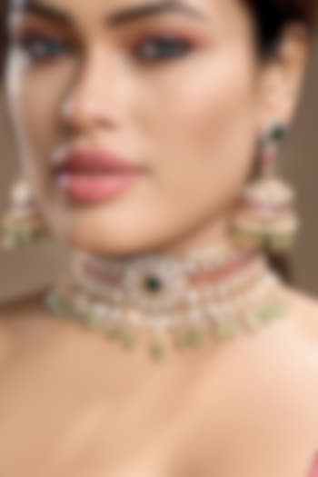 Gold Finish Moissanite Kundan Polki & Ruby Choker Necklace Set by Hrisha Jewels at Pernia's Pop Up Shop