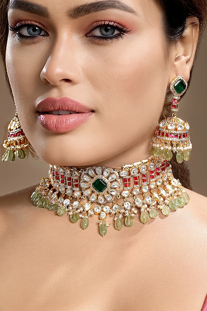 Gold Finish Moissanite Kundan Polki & Ruby Choker Necklace Set by Hrisha Jewels at Pernia's Pop Up Shop