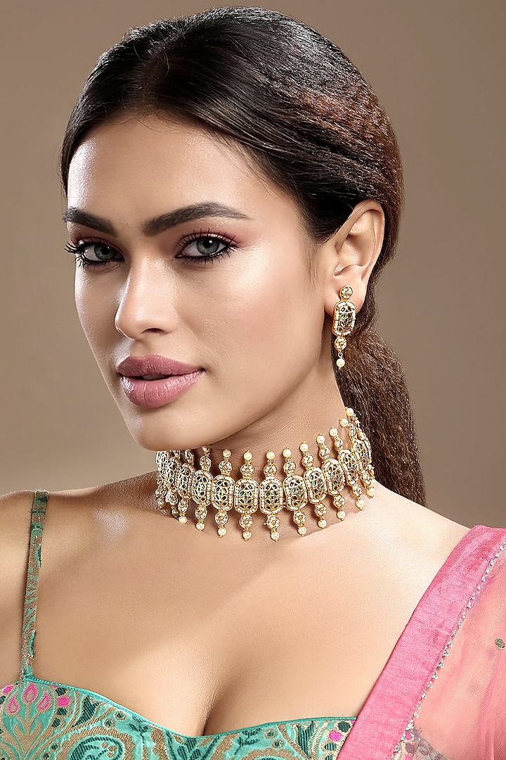 Gold Finish Synthetic Emerald & Pearl Choker Necklace Set by Hrisha Jewels at Pernia's Pop Up Shop