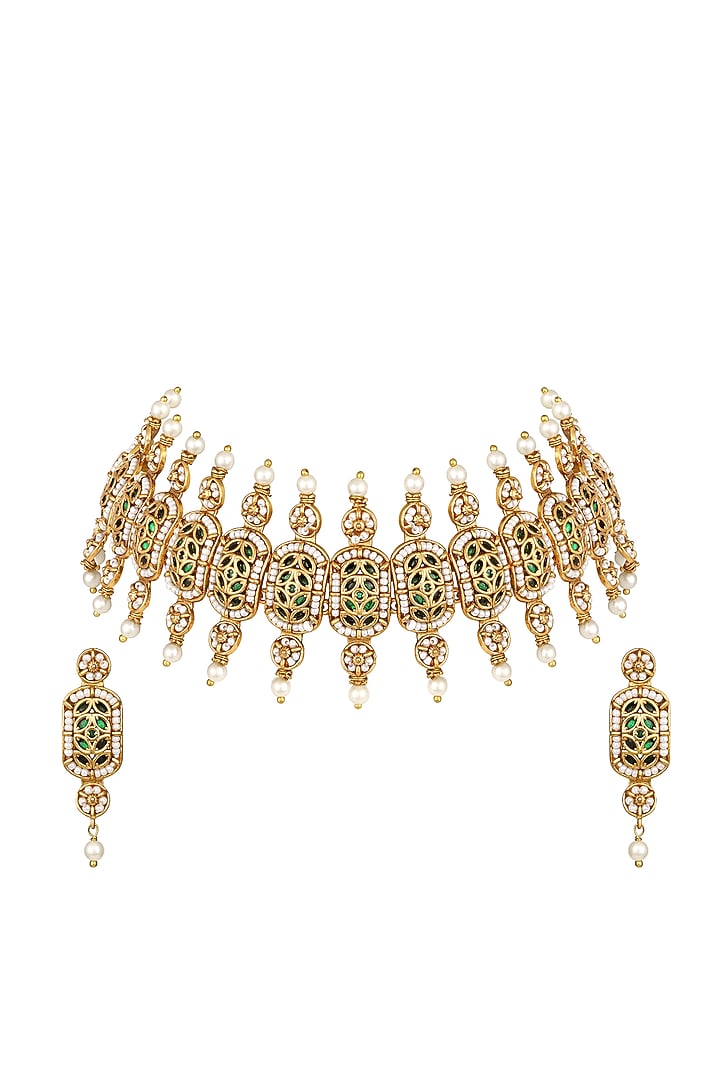 Gold Finish Synthetic Emerald & Pearl Choker Necklace Set by Hrisha Jewels at Pernia's Pop Up Shop