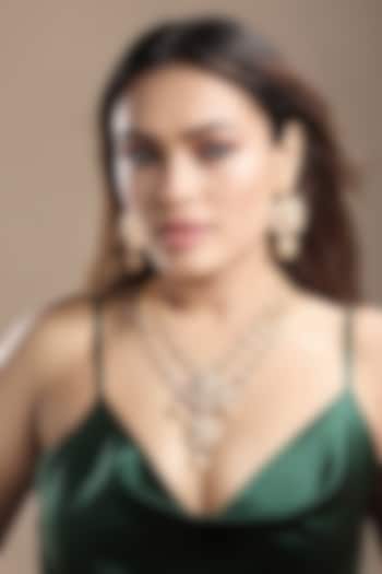 Gold Finish Moissanite Kundan Polki & Pearl Long Necklace Set by Hrisha Jewels at Pernia's Pop Up Shop