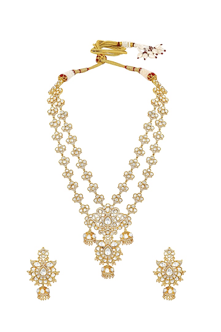 Gold Finish Moissanite Kundan Polki & Pearl Long Necklace Set by Hrisha Jewels at Pernia's Pop Up Shop