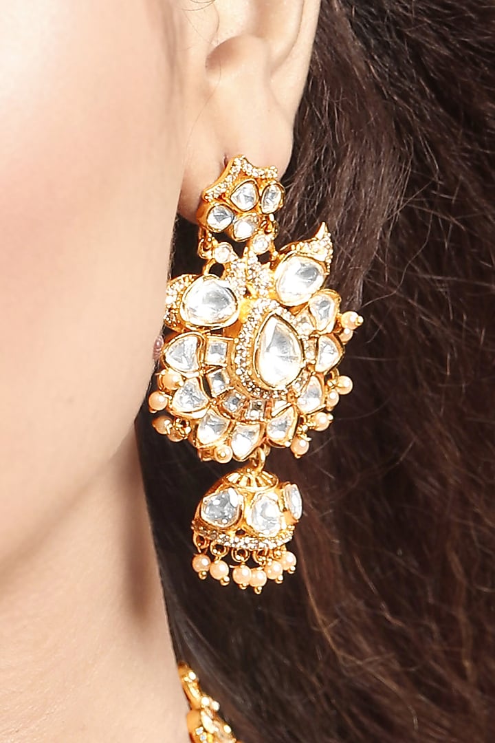 Gold Finish Moissanite Kundan Polki & Pearl Long Necklace Set by Hrisha Jewels at Pernia's Pop Up Shop