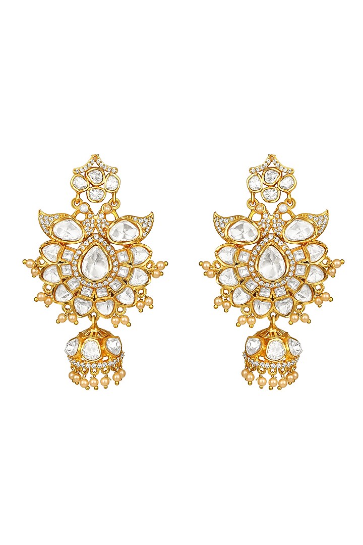 Gold Finish Moissanite Kundan Polki & Pearl Long Necklace Set by Hrisha Jewels at Pernia's Pop Up Shop