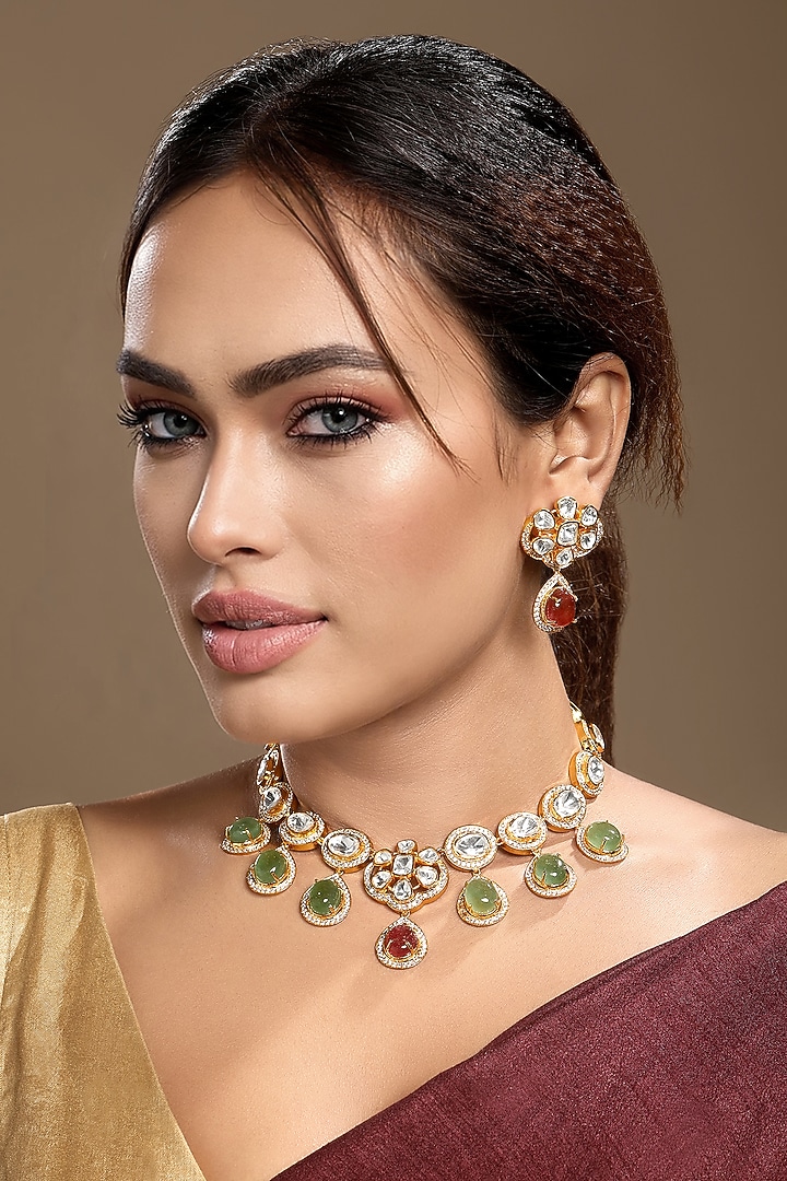Gold Finish Moissanite Kundan Polki & Ruby Necklace Set by Hrisha Jewels at Pernia's Pop Up Shop