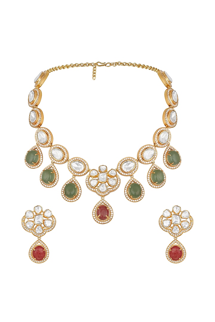 Gold Finish Moissanite Kundan Polki & Ruby Necklace Set by Hrisha Jewels at Pernia's Pop Up Shop