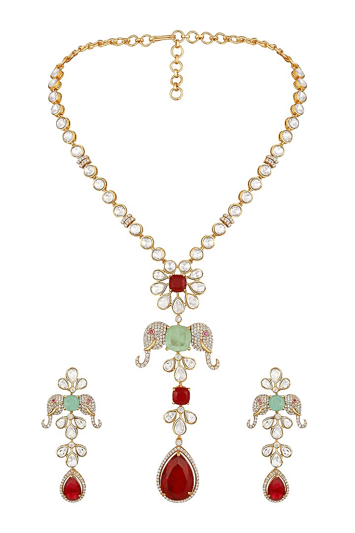 Gold Finish Moissanite Kundan Polki & Ruby Necklace Set by Hrisha Jewels at Pernia's Pop Up Shop