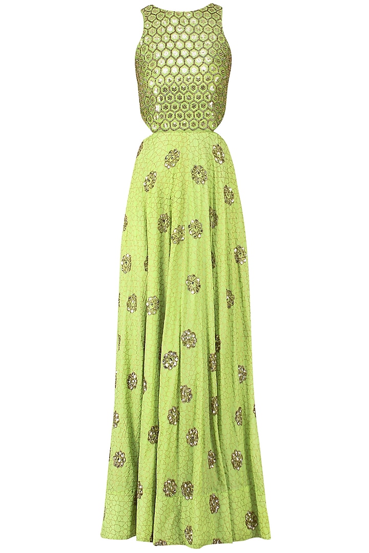 Green Silk Crepe Embroidered Halter Cut-Out Anarkali Gown by Mishru