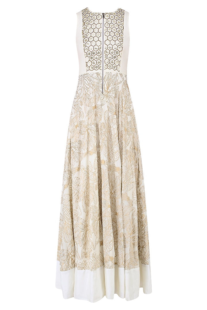 Beige Embroidered & Abstract Print Anarkali Gown by Mishru