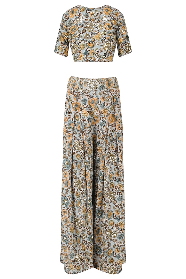 Sage Green Floral Embellished Crop Top and Palazzo Pants by Mishru