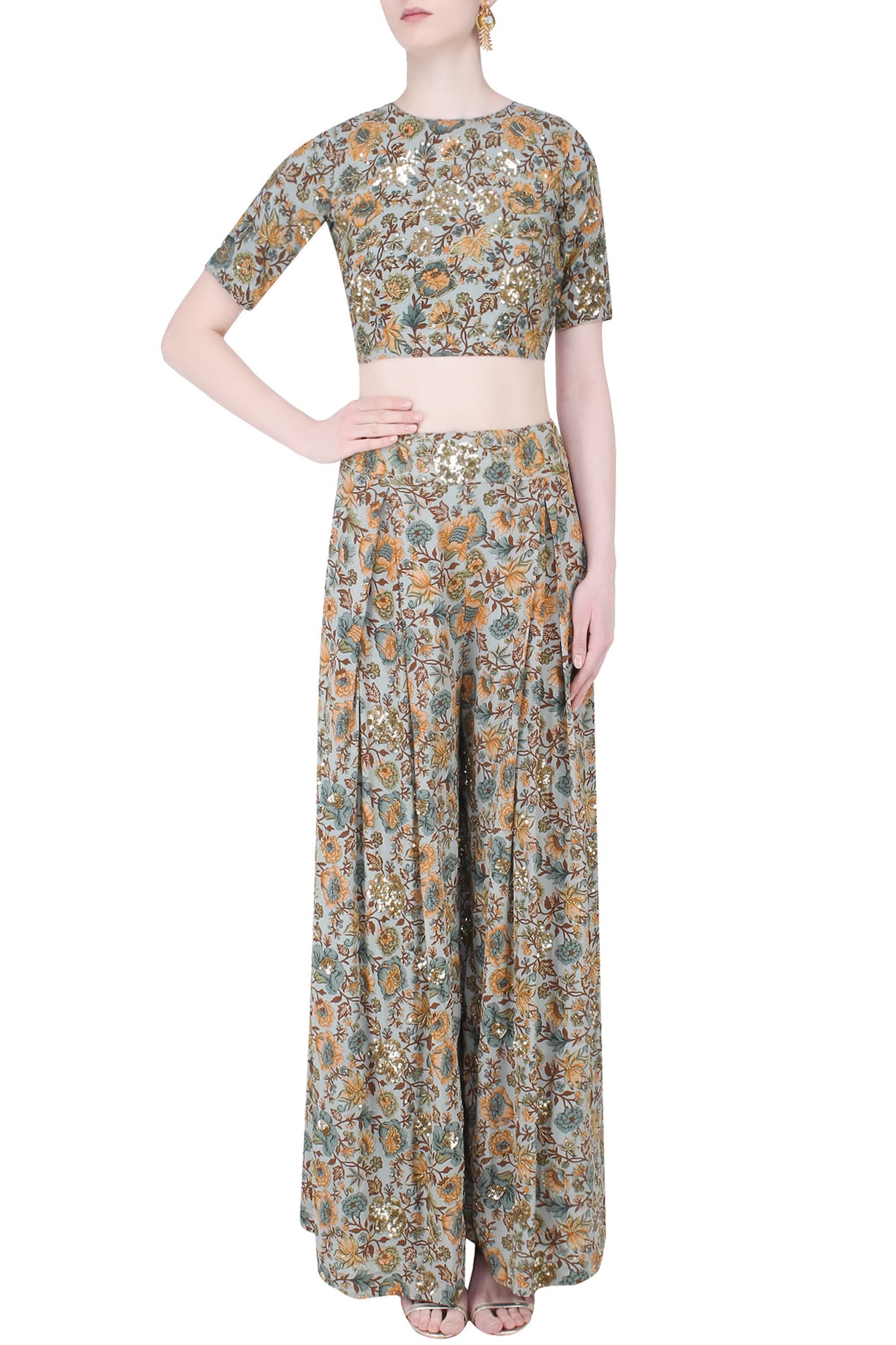 Vintage Floral Printed Peplum Top With Sage Green Palazzo Set