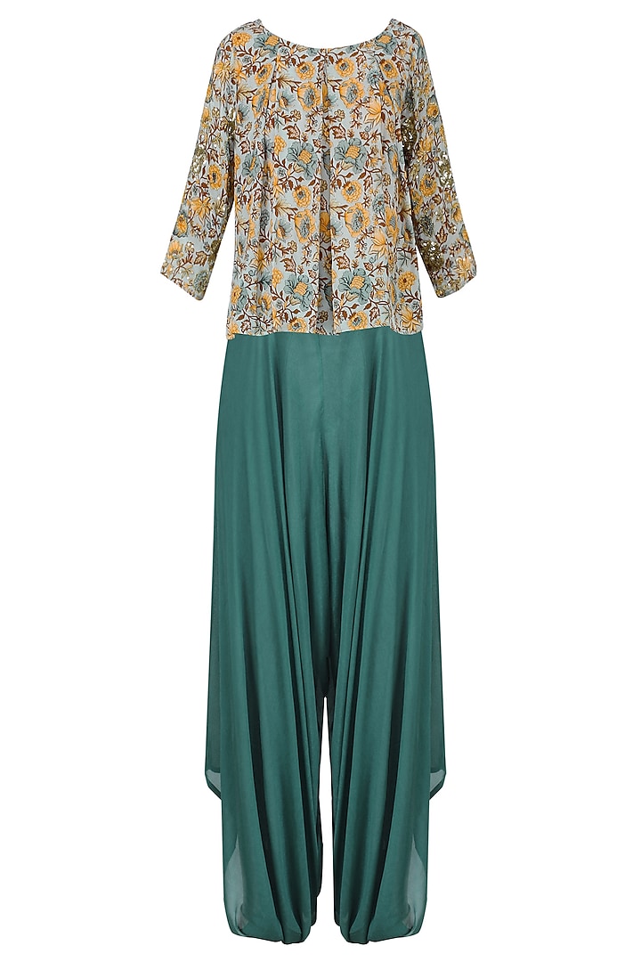 Sage Green Floral Full Sleeved Pleated Top with Dhoti Pants by Mishru