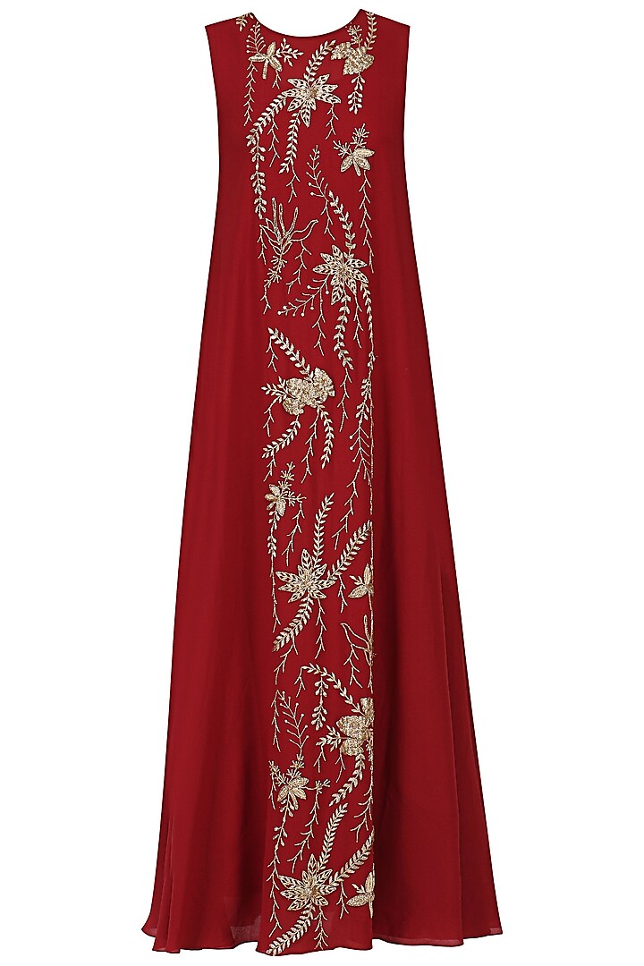 Red Embroidered Flared Gown by Mishru