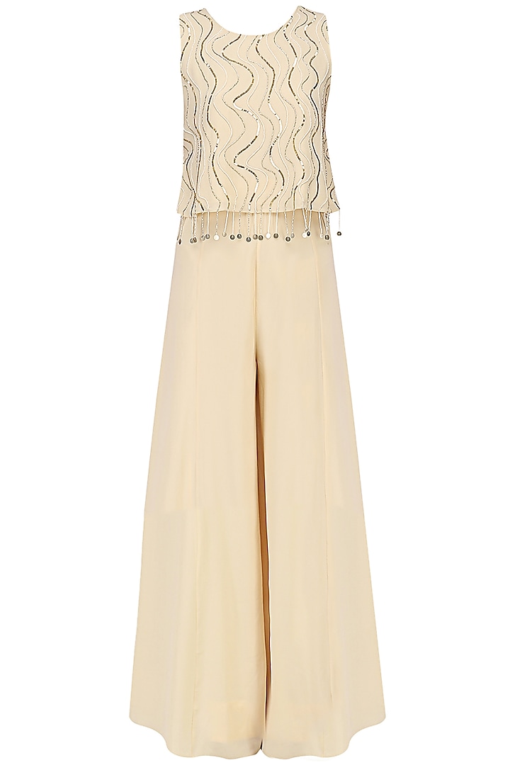 Ivory Embroidered Top and Palazzo Pants by Mishru