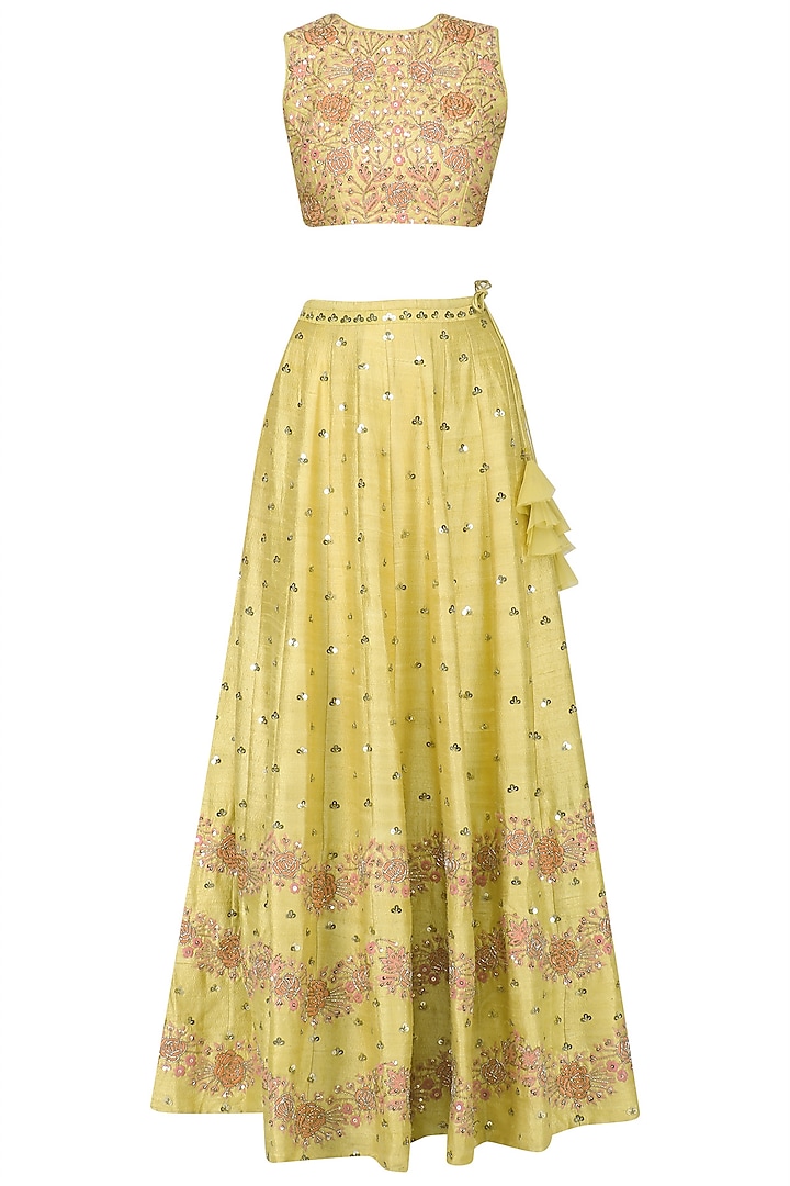 Yellow Floral Embroidered Lehenga and Blouse Set by Mishru