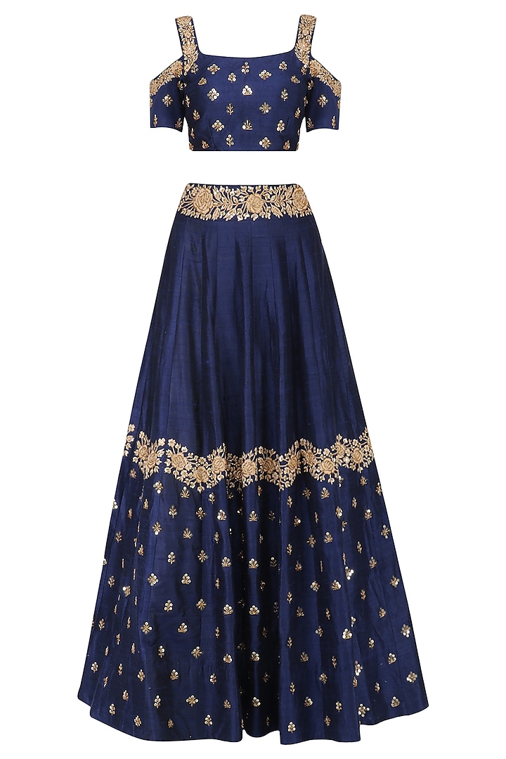 Navy Blue Floral Embroidered Lehenga and Blouse Set by Mishru