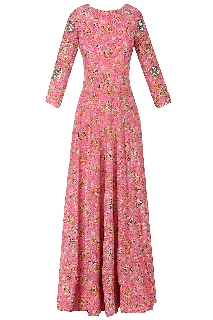Pink Floral Flared Cutout Maxi Dress by Mishru