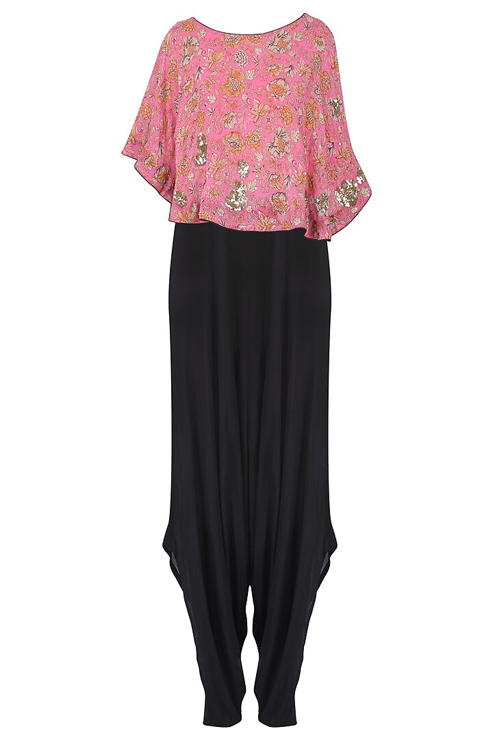 Pink Floral Cape with Black Dhoti Pants by Mishru