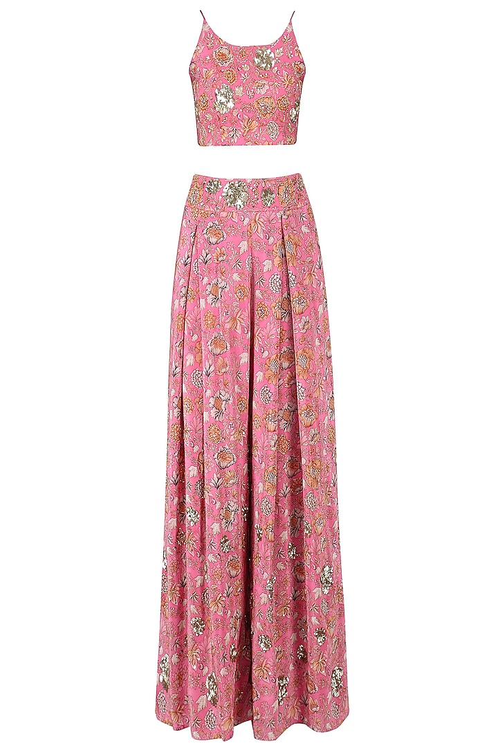 Pink Floral Strappy Crop Top with Palazzo Pants by Mishru