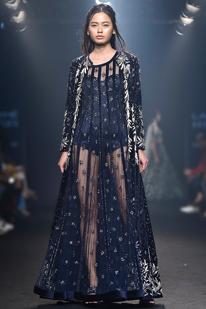 Navy Blue Embroidered Gown with Jacket by Mishru