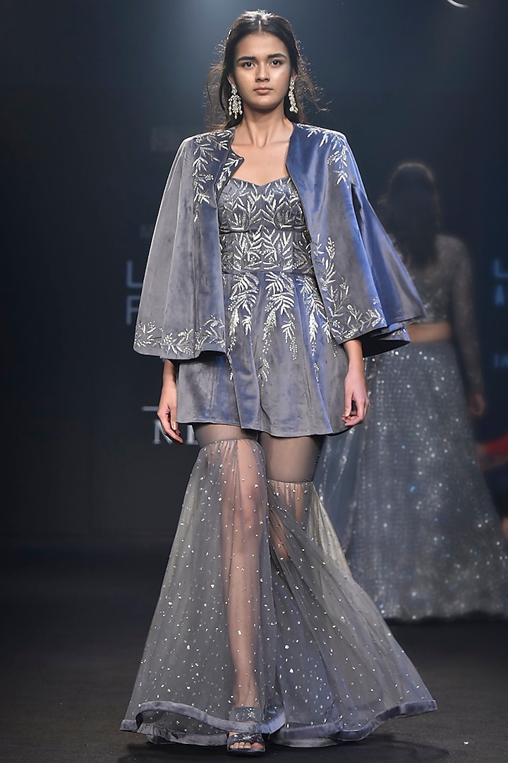 Grey Embroidered Peplum with Sharara Pants and Cape by Mishru
