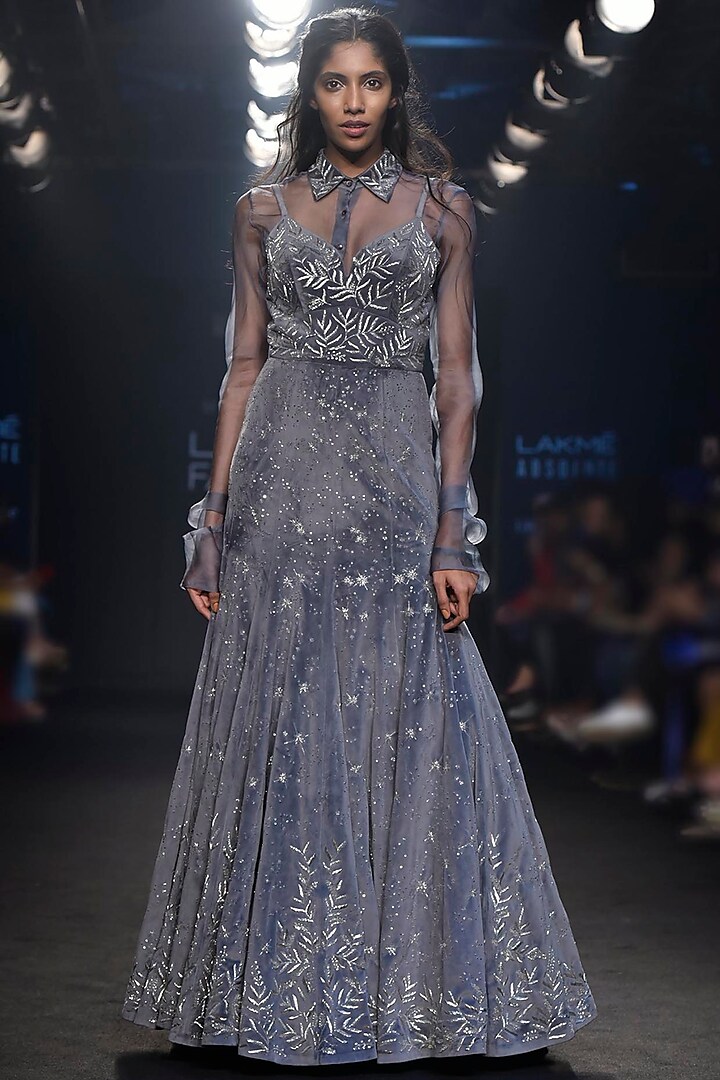 Grey Embroidered Gown and Sheer Shirt by Mishru