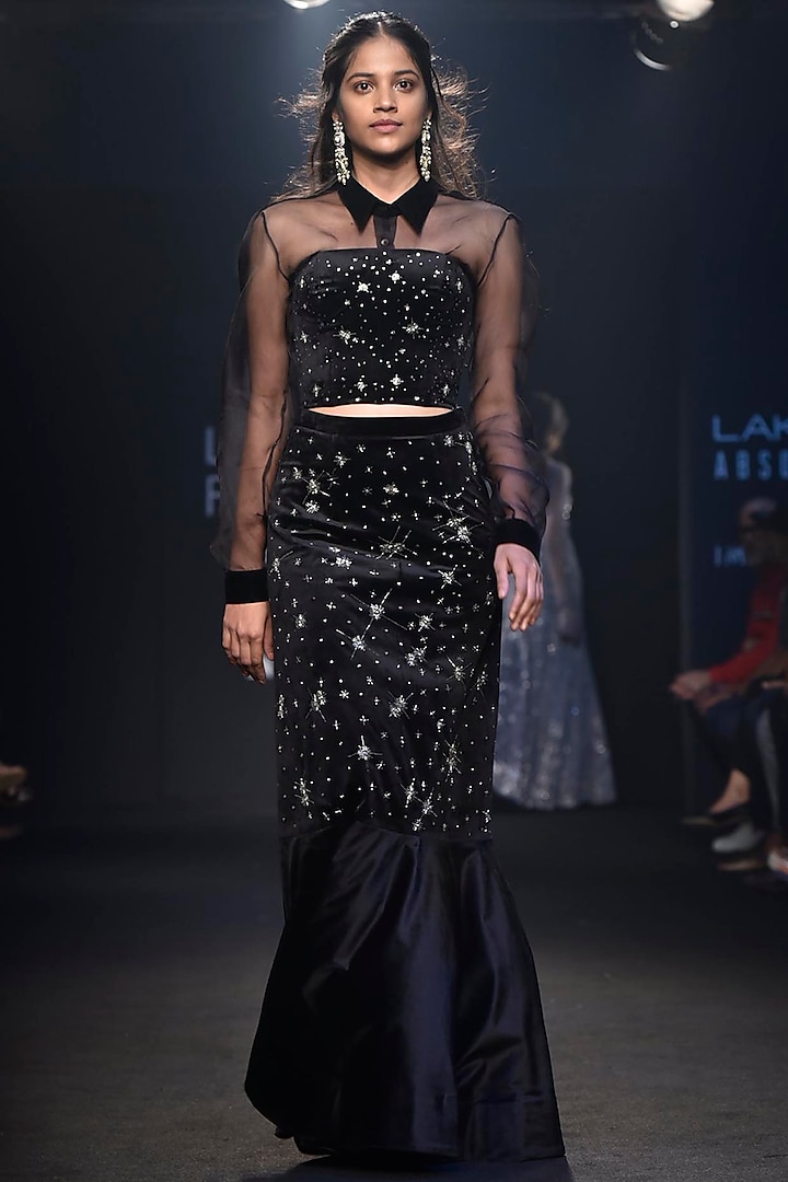 Black Embroidered Bustier with Lehenga Skirt and Sheer Shirt by Mishru