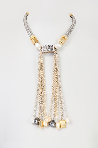 Black Rhodium Finish Grey Pearl Choker Necklace by Hetal Shah