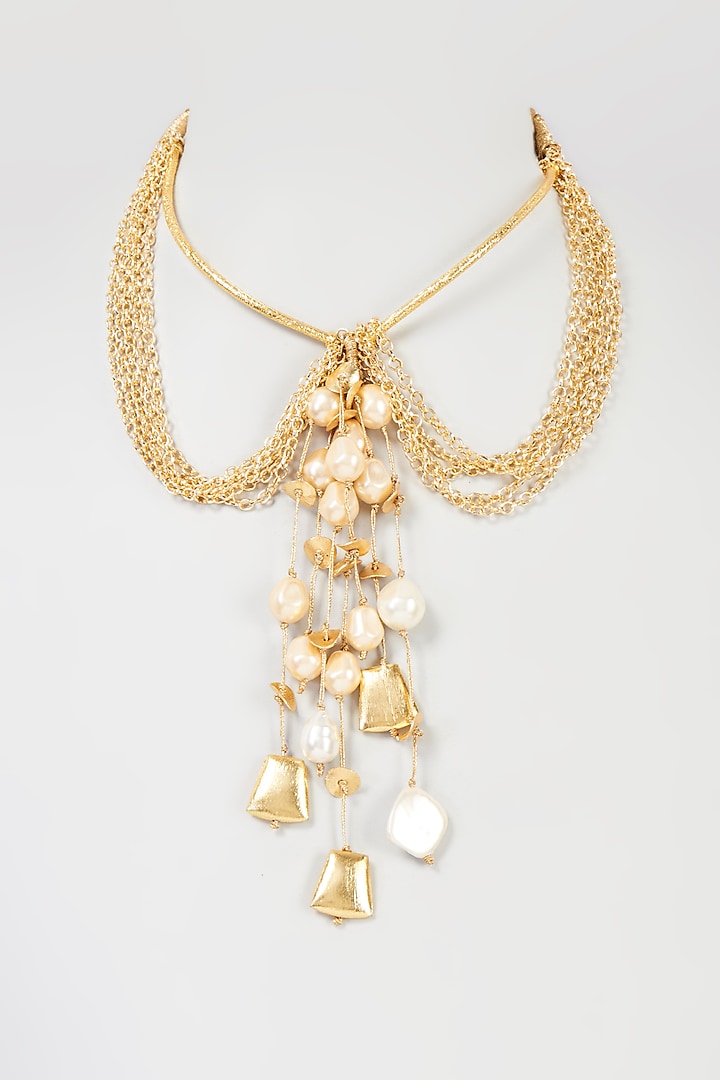 Gold Finish Pearl & Zari Thread Handmade Choker Necklace by Hetal Shah