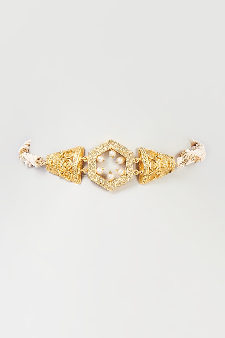 Gold Finish Pearl & Zari Thread Handmade Choker Necklace by Hetal Shah
