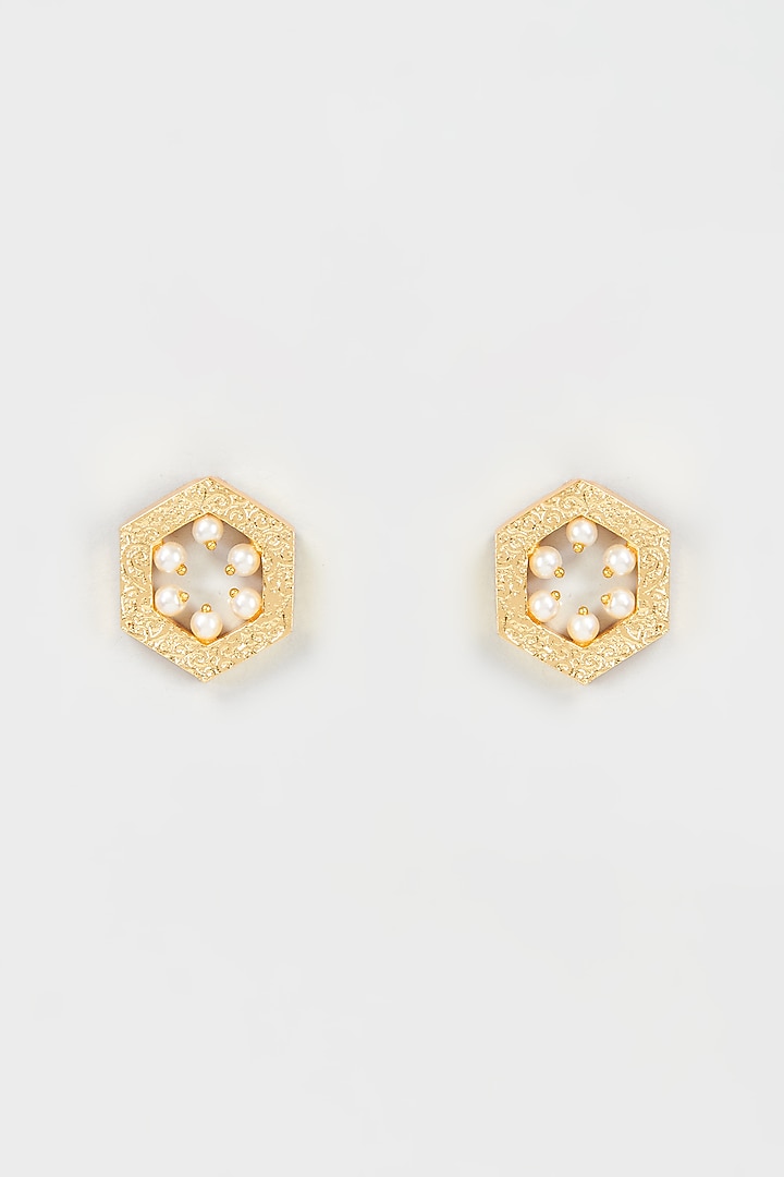 Gold Finish Pearl Handmade Hexagon Stud Earrings by Hetal Shah