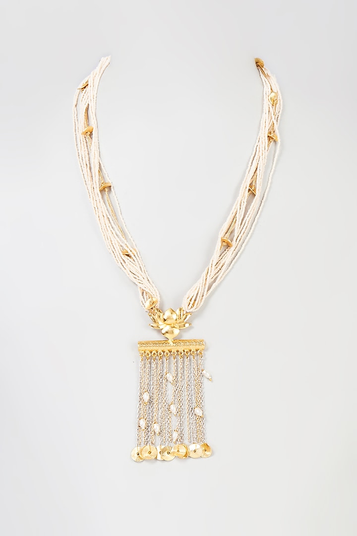 Two Tone Finish Pearl & Coin Lotus Chain Necklace by Hetal Shah