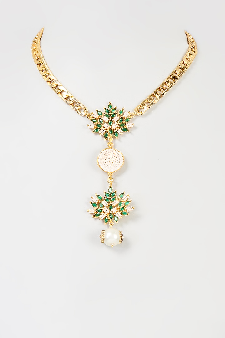 Gold Finish Pearl & Emerald Handcrafted Necklace by Hetal Shah