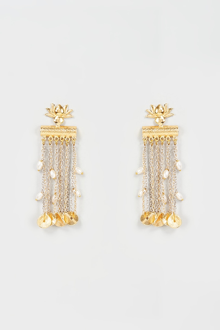 Two Tone Finish Pearl Lotus Dangler Earrings by Hetal Shah
