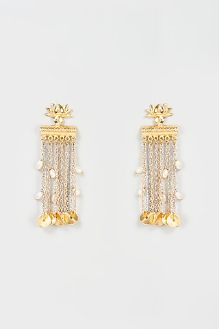 Two Tone Finish Pearl Lotus Dangler Earrings by Hetal Shah