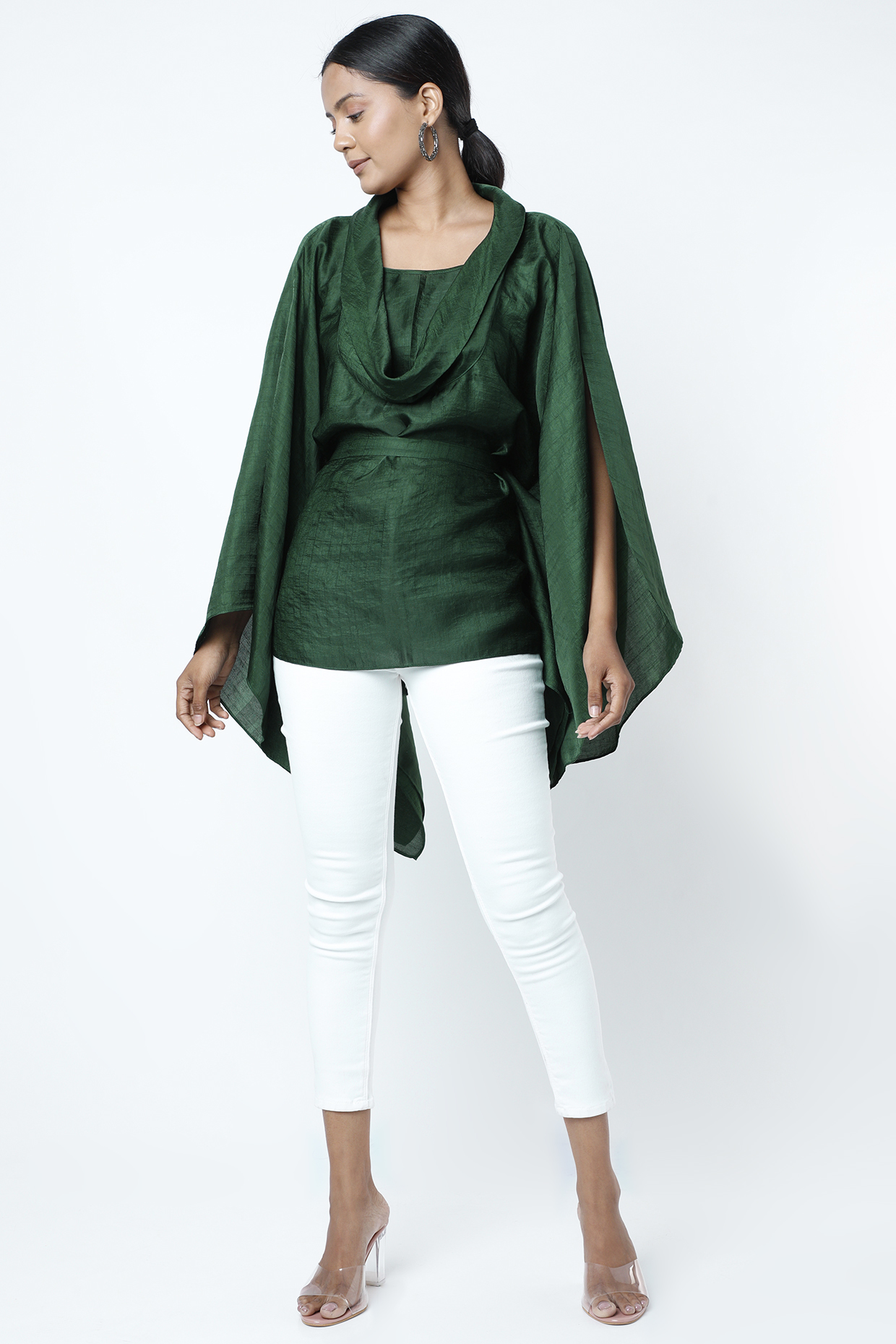 Emerald Green Kaftan Top With Belt by Harsh Harsh