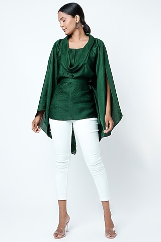 Emerald Green Kaftan Top With Belt by Harsh Harsh
