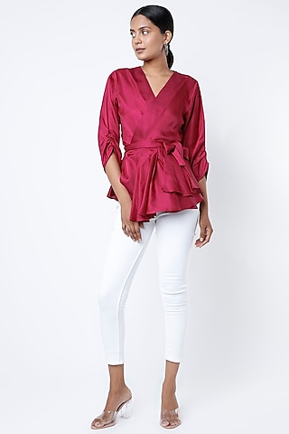 Fuchsia Pink Kaftan Top With Belt by Harsh Harsh