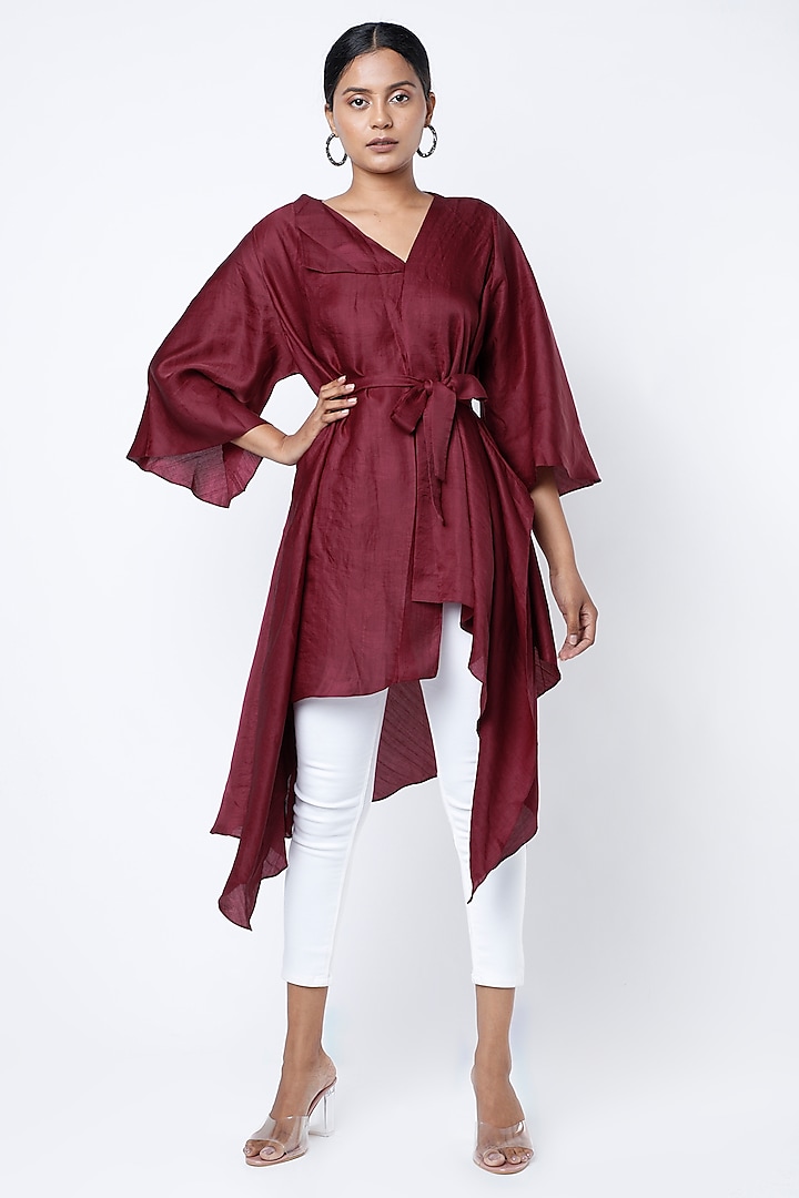Maroon High-Low Tunic With Belt by Harsh Harsh