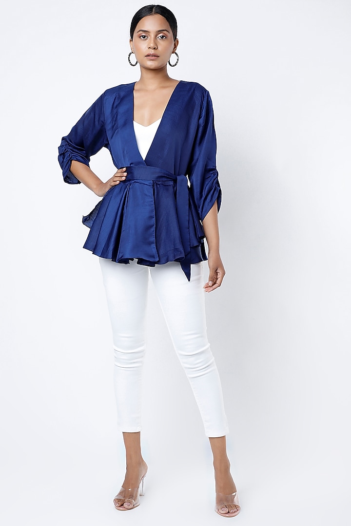 Electric Blue Peplum Wrap Top With Belt by Harsh Harsh
